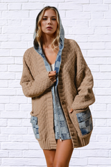 Double Take Full Size Hooded Denim Spliced Sweater Cardigan