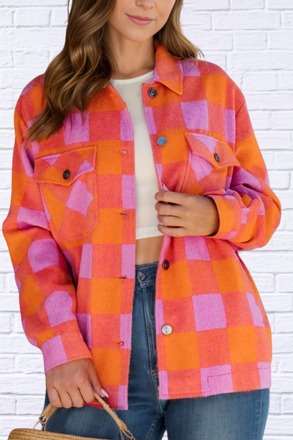 Color Block Plaid Button Up Long Sleeve Jacket