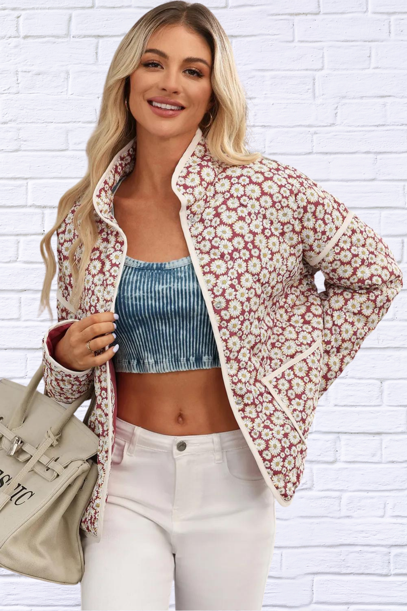 Floral Snap Down Mock Neck Coat