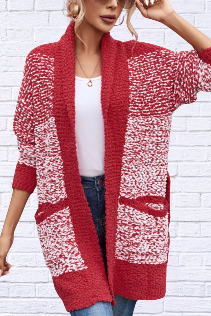 Contrast Red and White Trim Open Front Longline Cardigan