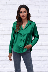 Button Up Collared Neck Long Sleeve Satin Shirt