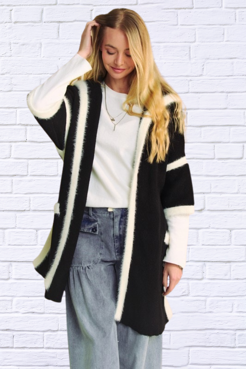 Fuzzy Trim Open Front Loose Fit Cardigan