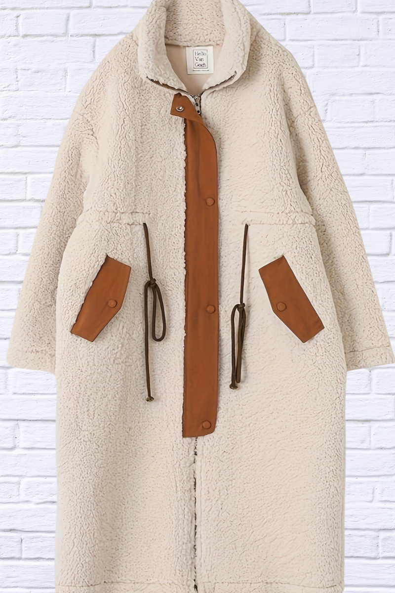 Plus Size Beige Drawstring Zip Up Turtleneck Sherpa Coat