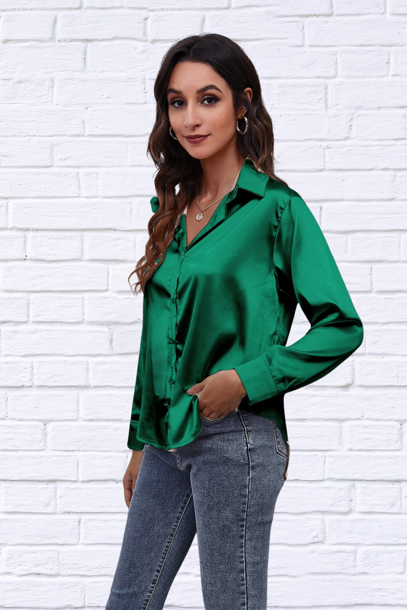 Button Up Collared Neck Long Sleeve Satin Shirt