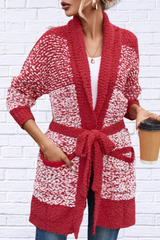 Contrast Red and White Trim Open Front Longline Cardigan