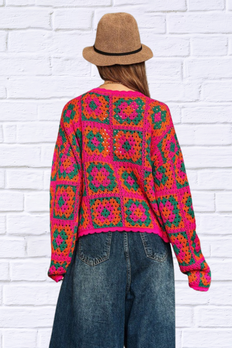 Crochet Patchwork Round Neck Pullover Sweater Top