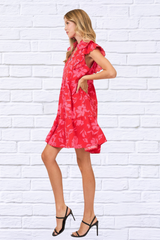 Full Size Two Tone Red and Pink Floral Print Ruffle Cap Sleeve Mini Dress Plus Size