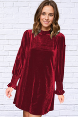 Full Size Mock Neck Smocked Long Sleeve Mini Dress