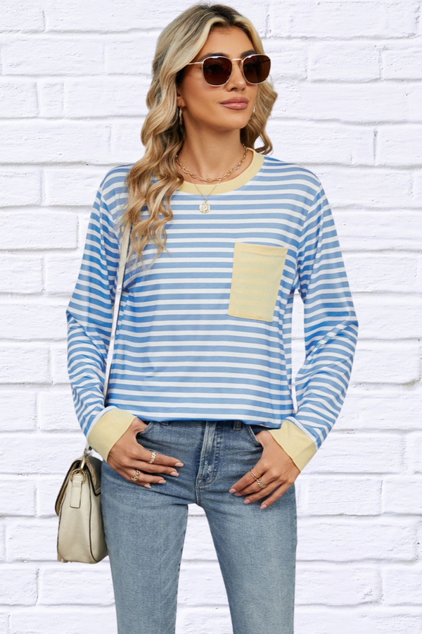 Pocketed Striped Round Neck Long Sleeve T-Shirt