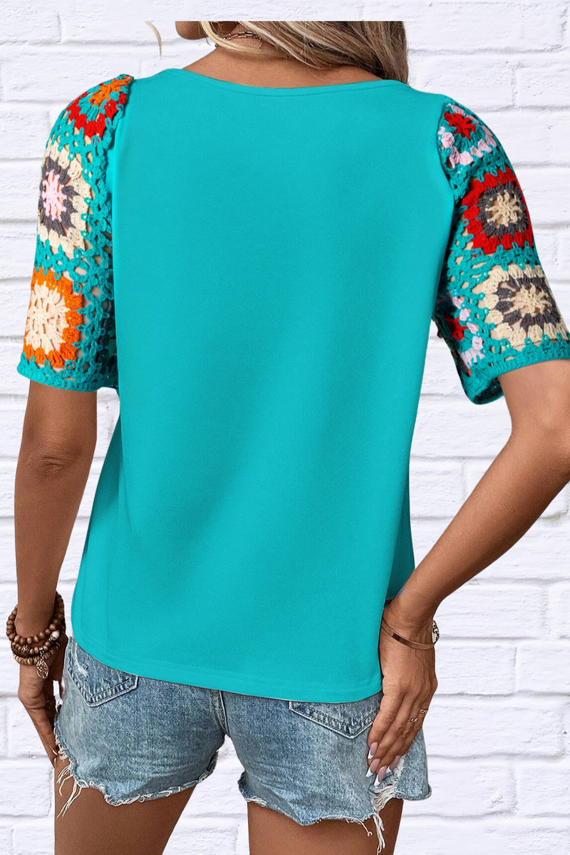 Geometric Round Neck Short Sleeve Blouse