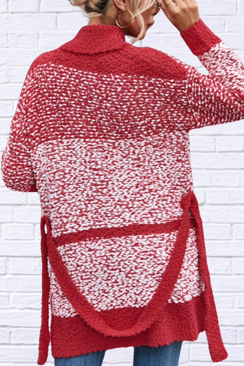 Contrast Red and White Trim Open Front Longline Cardigan