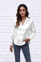 Button Up Collared Neck Long Sleeve Satin Shirt