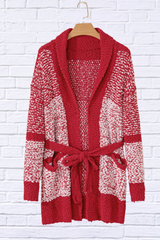 Contrast Red and White Trim Open Front Longline Cardigan