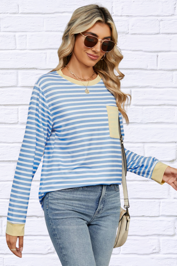 Pocketed Striped Round Neck Long Sleeve T-Shirt