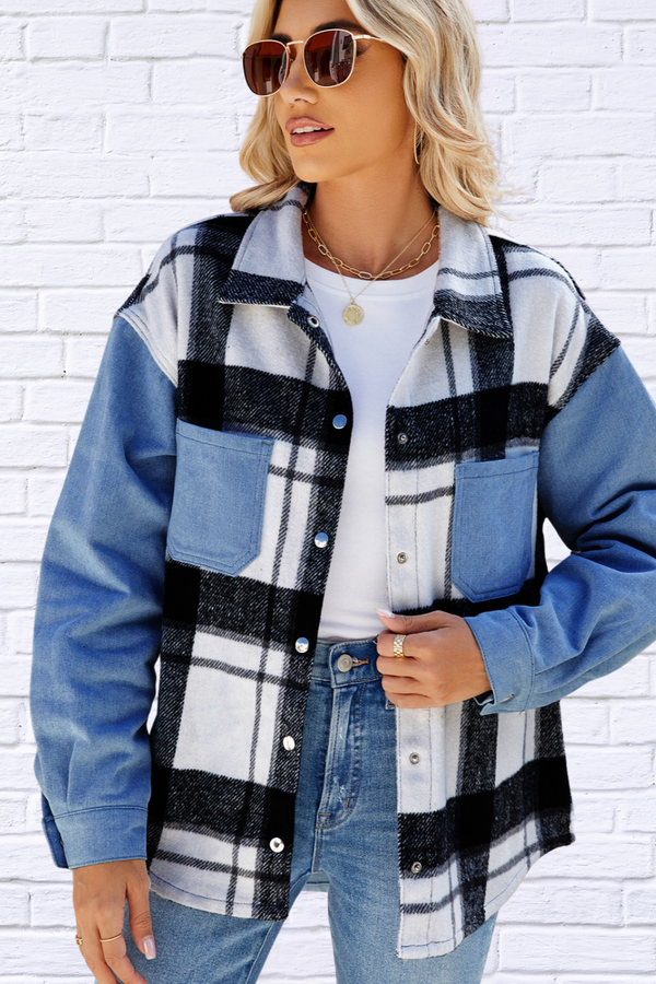 Pocketed Plaid Snap Down Denim Jacket