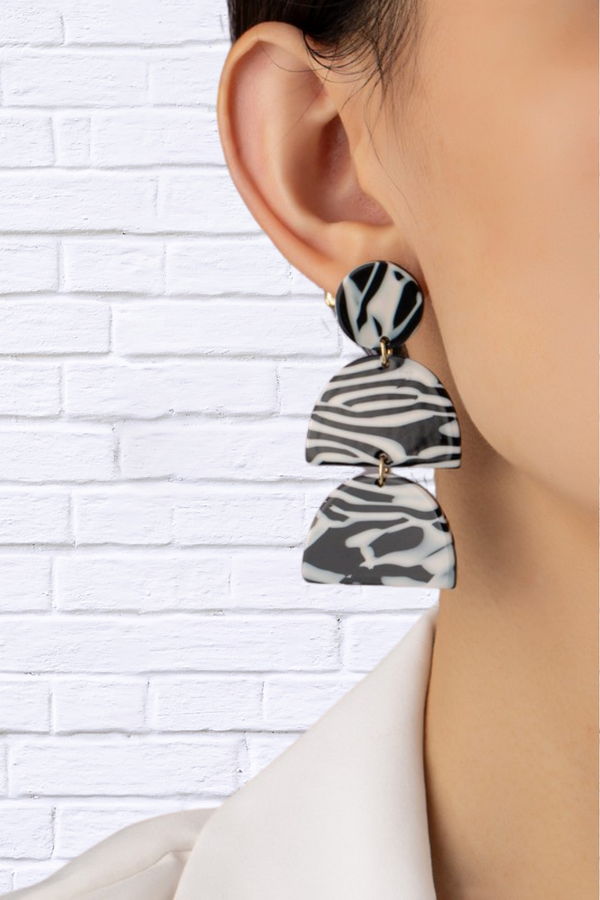 Black and white print geo shape drop earrings