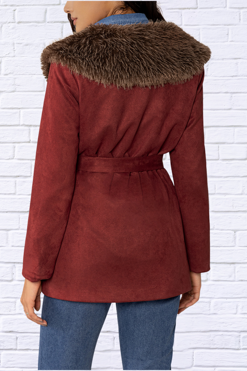 Fuzzy Collared Neck Tie Waist Jacket