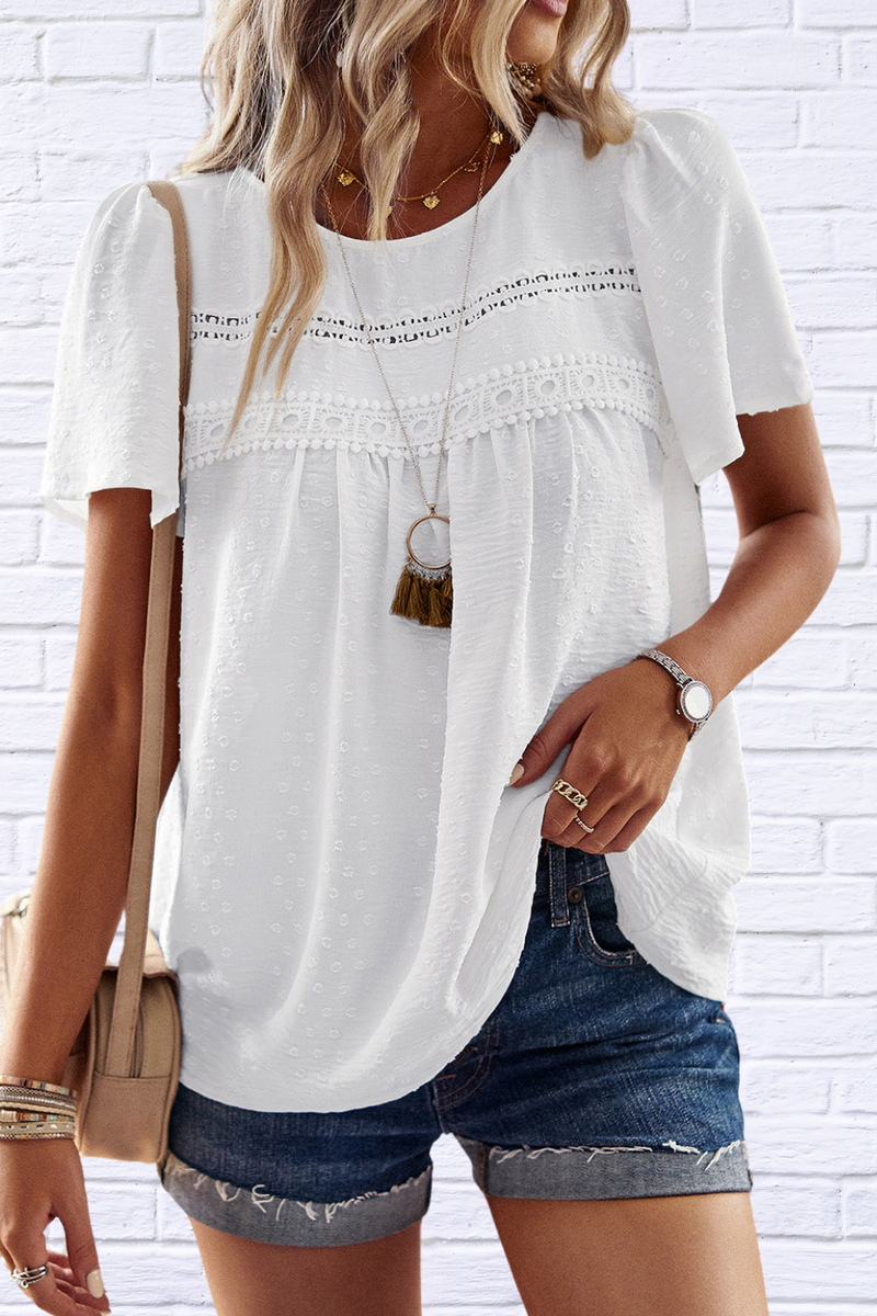 Lace Detail Round Neck Short Sleeve Blouse