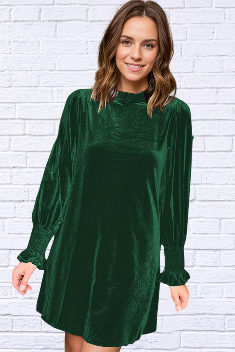 Full Size Mock Neck Smocked Long Sleeve Mini Dress