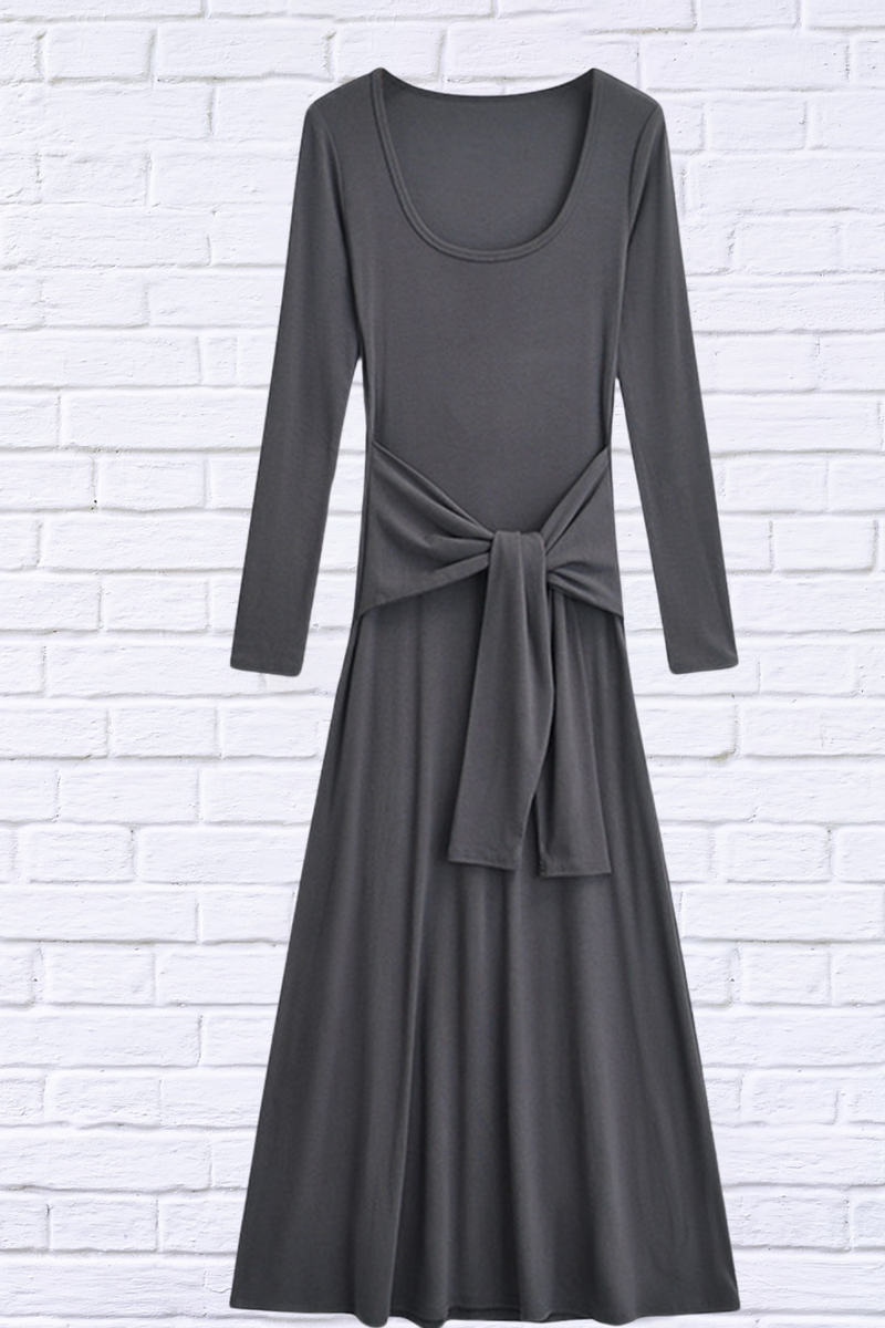 Tied Scoop Neck Long Sleeve Maxi Dress