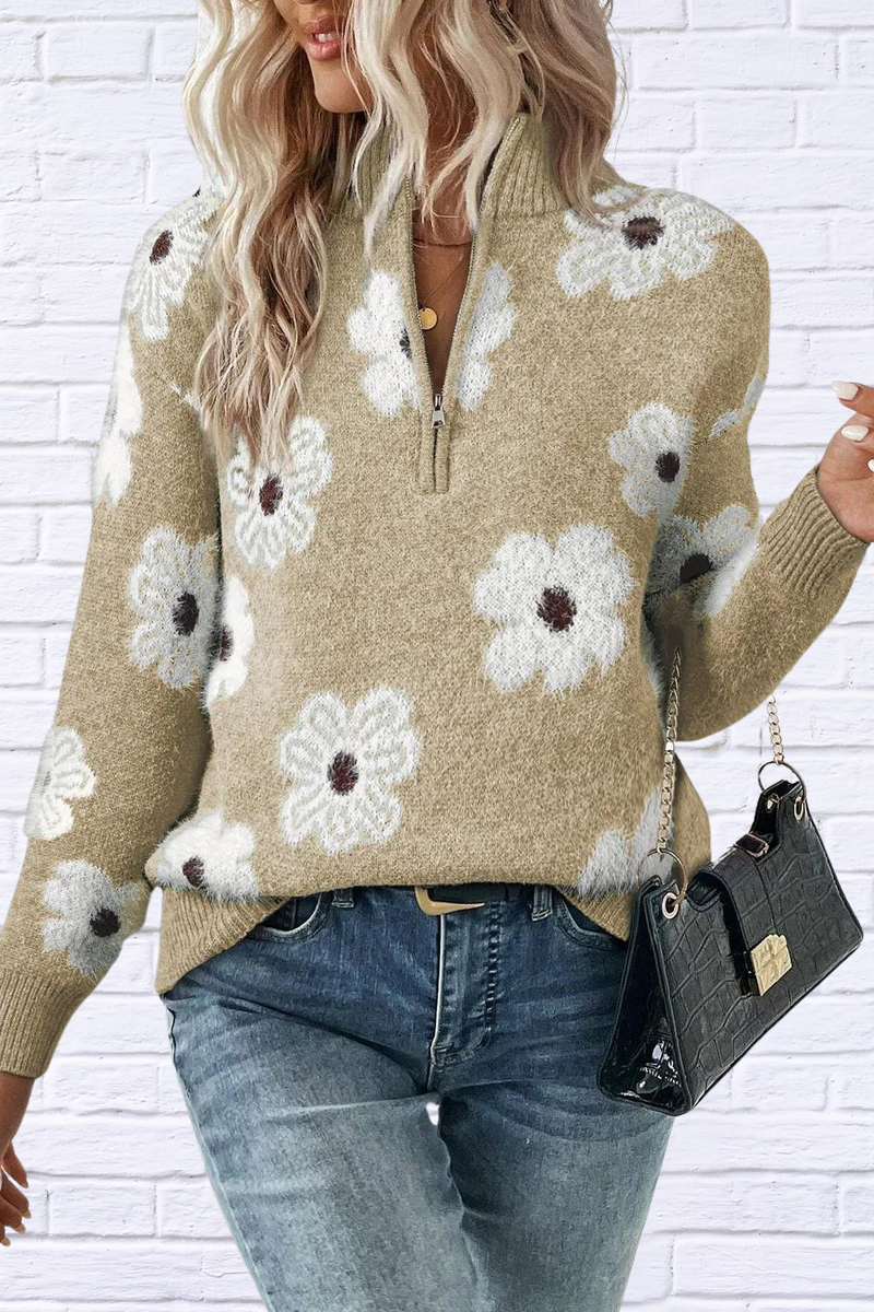 Flower Half Zip Long Sleeve Sweater