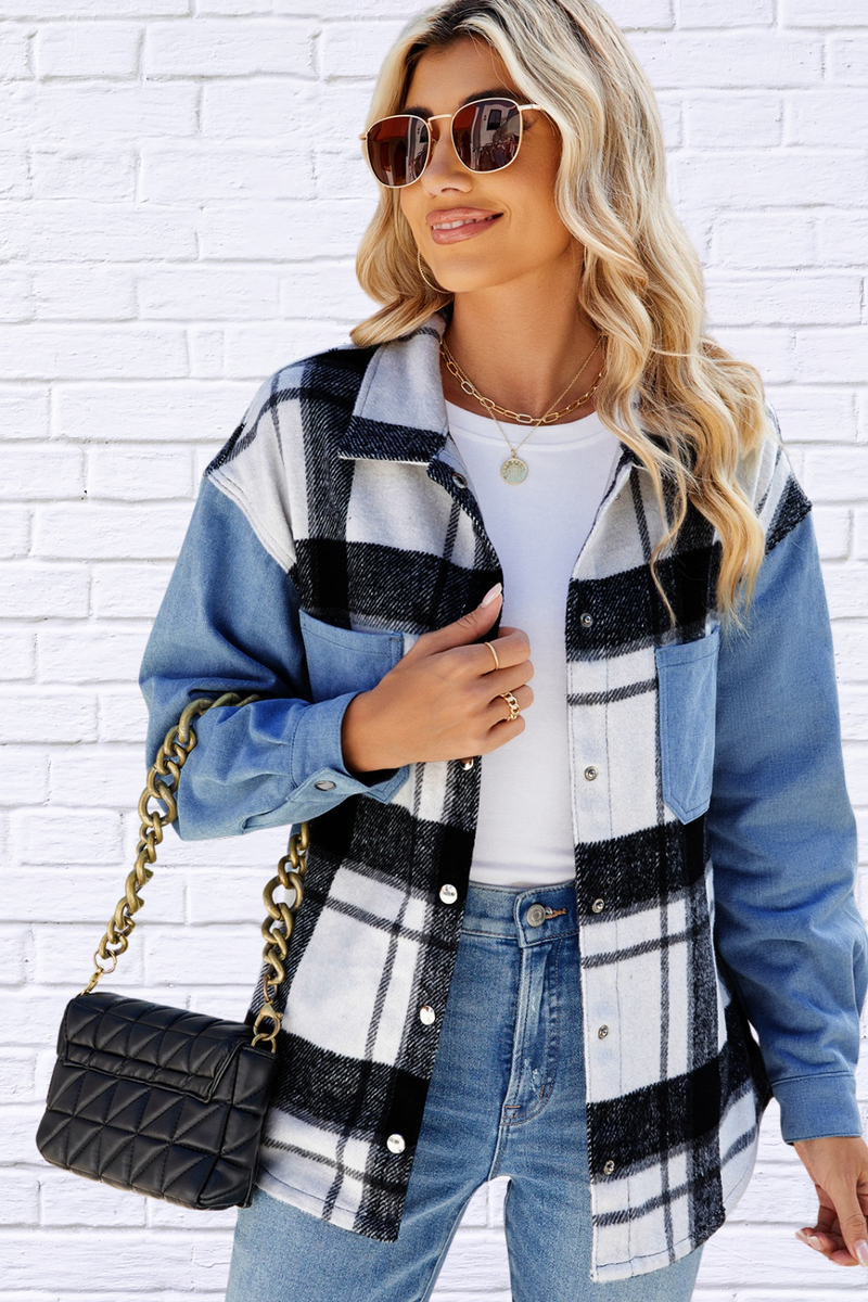 Pocketed Plaid Snap Down Denim Jacket