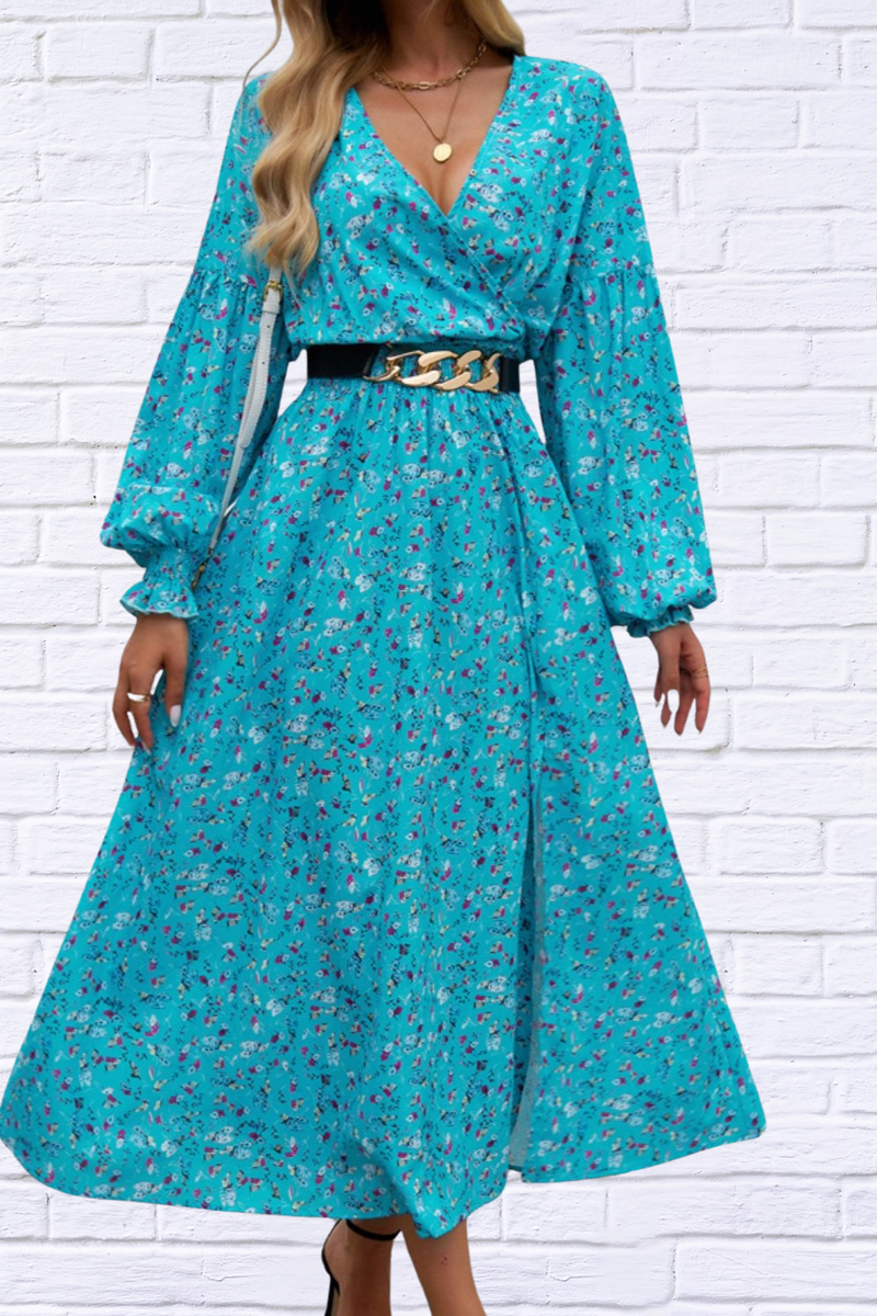 Split Printed Surplice Long Sleeve Midi Dress