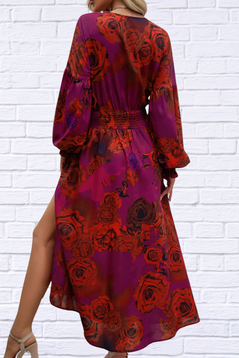 Split Printed Surplice Long Sleeve Midi Dress