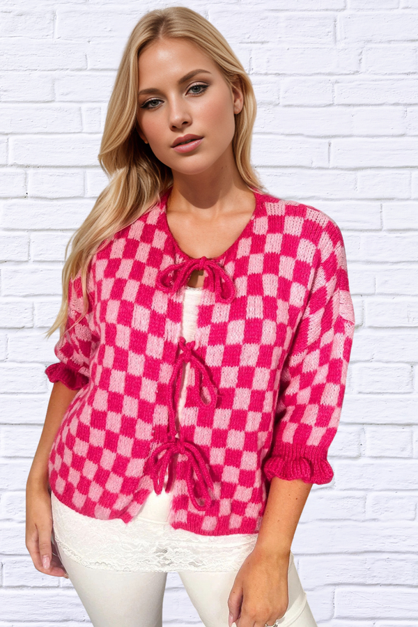 Tied Checkered Dropped Shoulder Flounce Sleeve Cardigan