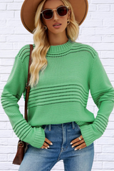 Round Neck Openwork Long Sleeve Pullover Sweater