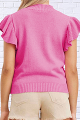 Pink Ruffled Round Neck Cap Sleeve Sweater