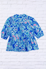 Printed Peacock Blue Notched Three-Quarter Sleeve Blouse