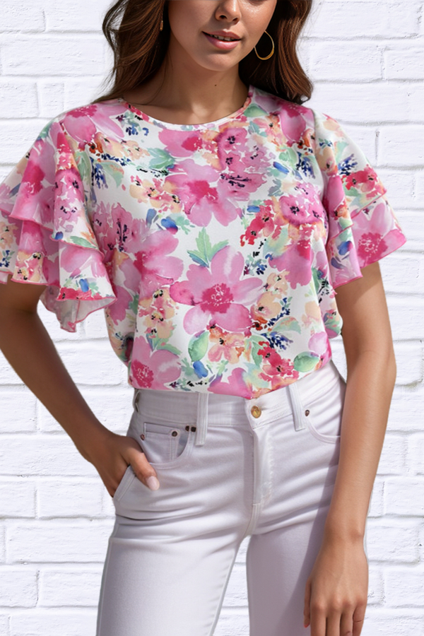 Floral Round Neck Flutter Sleeve Blouse