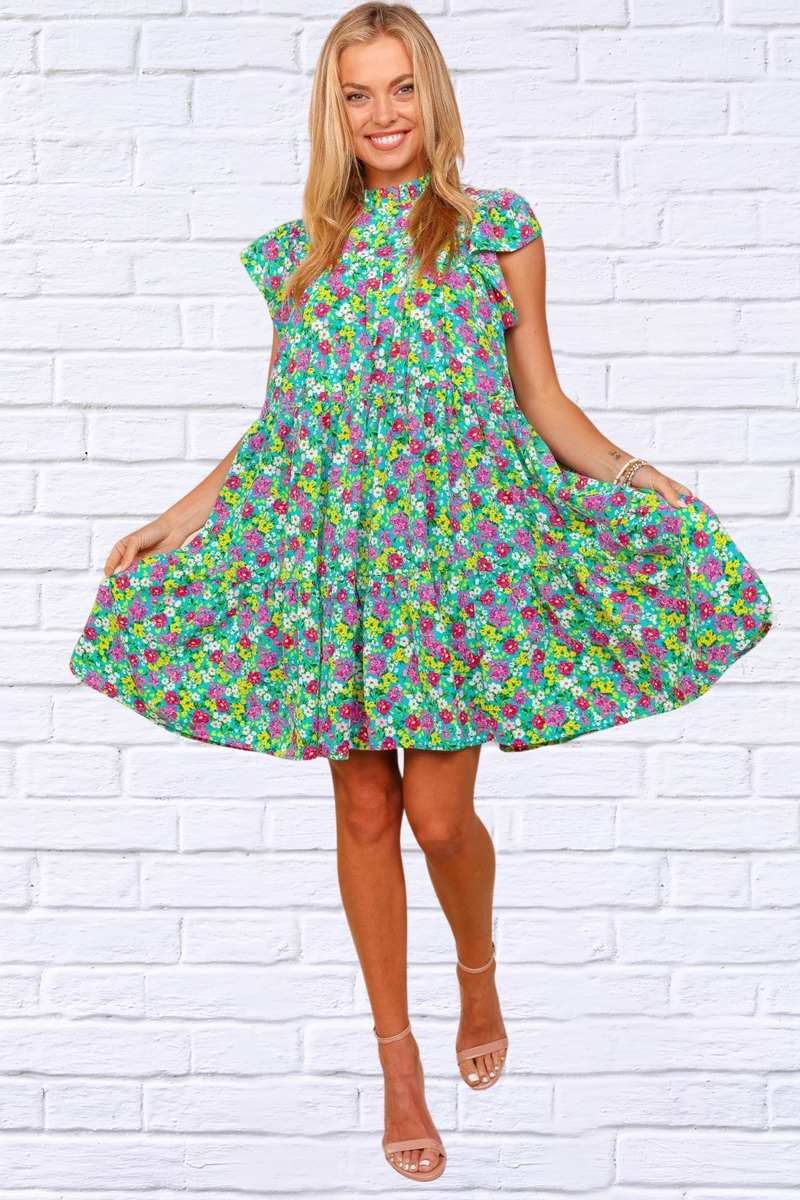 Frilled Mock Neck Ditsy Floral Dress