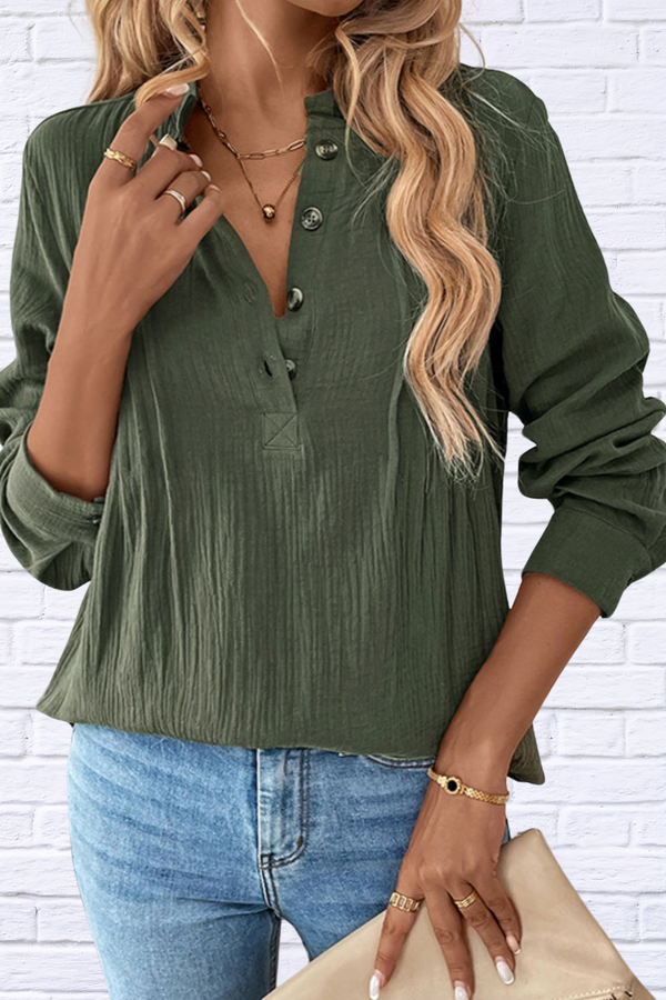 Textured Notched Long Sleeve Blouse