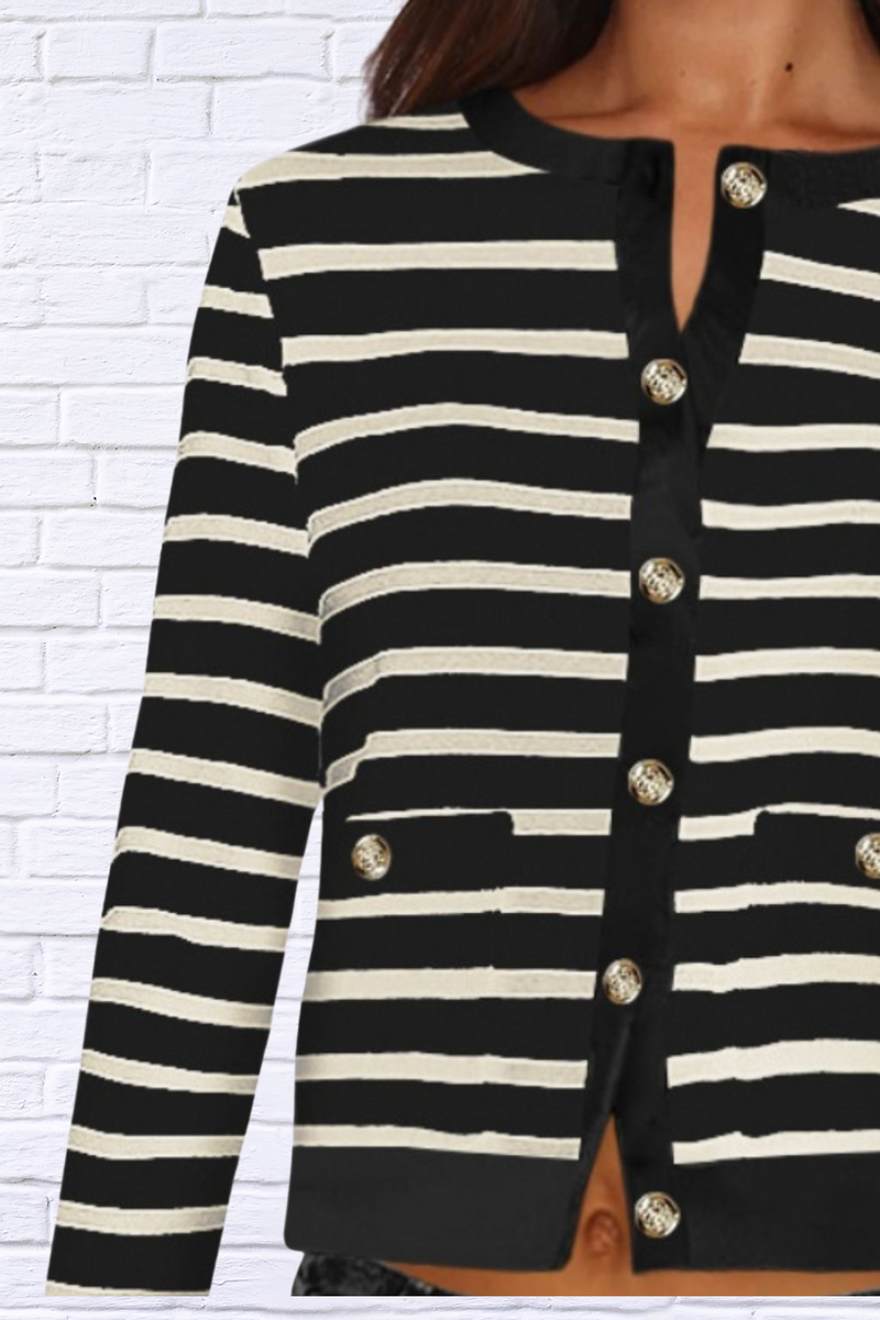 Striped Round Neck Button Up Long Sleeve Cardigan