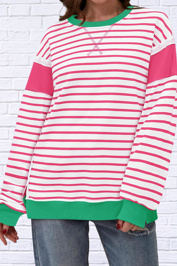 Slit Exposed Seam Striped Long Sleeve Sweatshirt