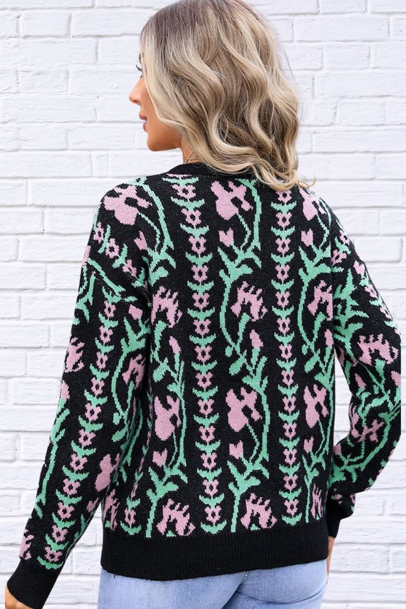 Delicate  Flower Round Neck Long Sleeve Sweater