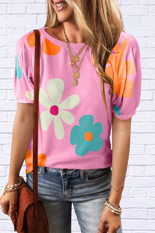 Flower Round Neck Short Sleeve Blouse