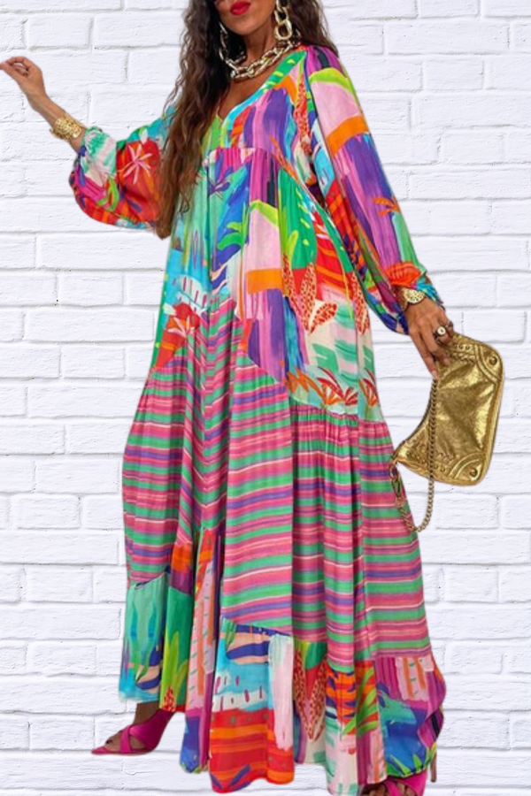 Loose V Neck Printed Long Sleeve Dress