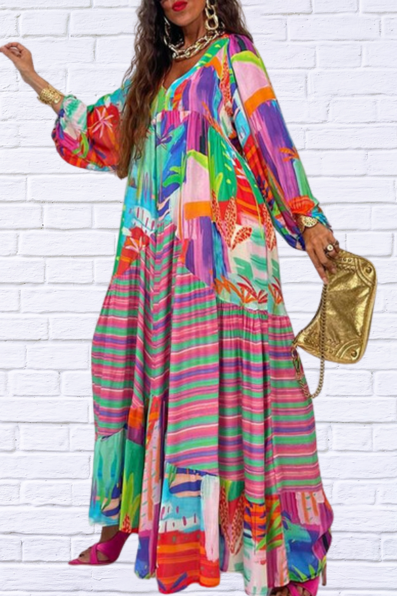 Loose V Neck Printed Long Sleeve Dress