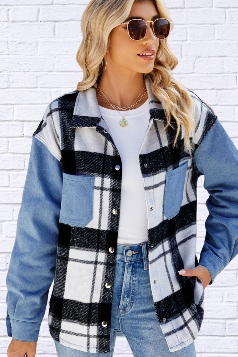 Pocketed Plaid Snap Down Denim Jacket