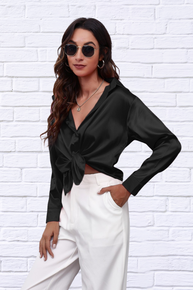 Button Up Collared Neck Long Sleeve Satin Shirt