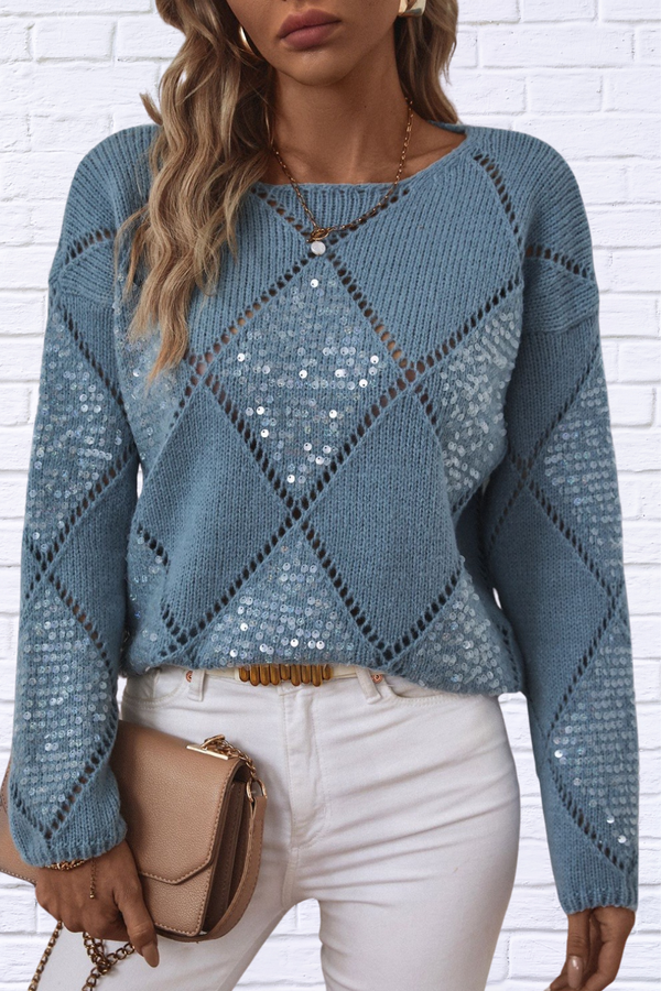 Ray Openwork Round Neck Long Sleeve Knit Top