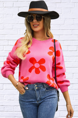 Angel Wings Floral Print Round Neck Dropped Shoulder Pullover Sweater