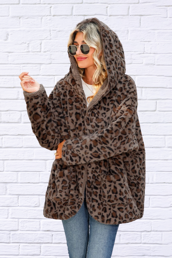 Leopard Hooded Coat with Pockets