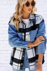 Pocketed Plaid Snap Down Denim Jacket