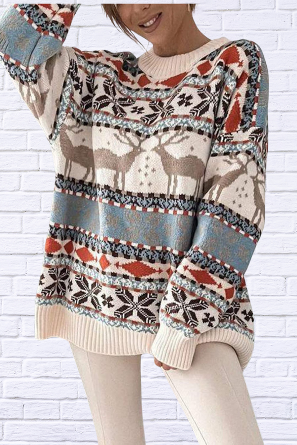 Geometric Round Neck Dropped Shoulder Sweater