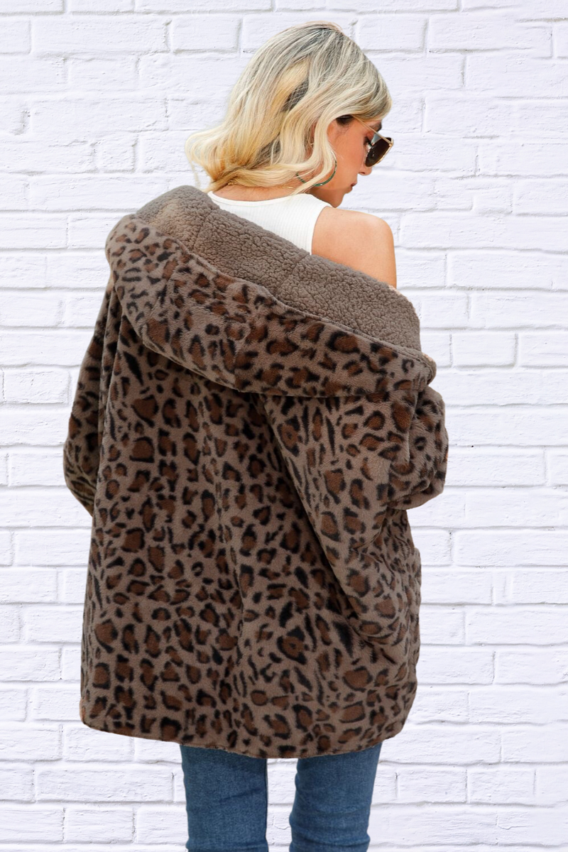 Leopard Hooded Coat with Pockets