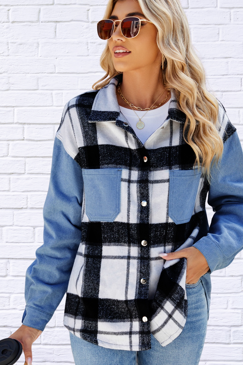 Pocketed Plaid Snap Down Denim Jacket